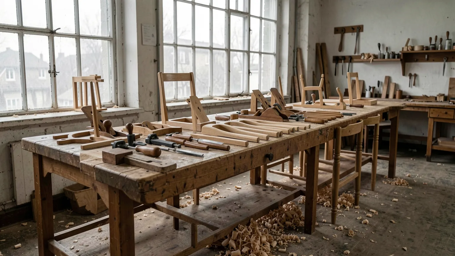 A 1950s cabinetmaker's workshop with a workbench, hand tools and unfinished oak chair parts