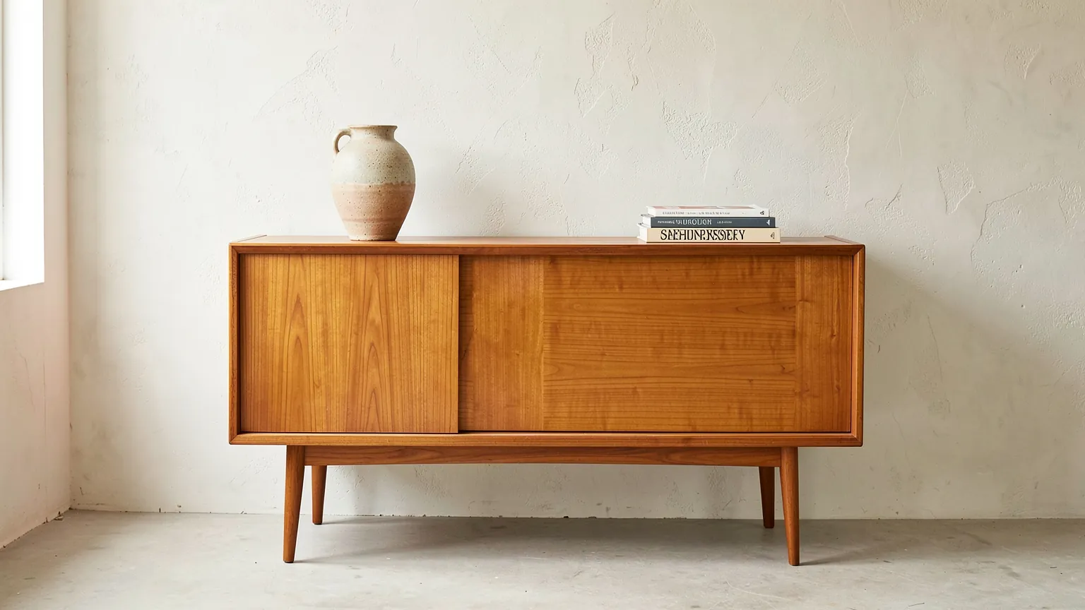 A low Danish teak sideboard with sliding doors against a pale wall