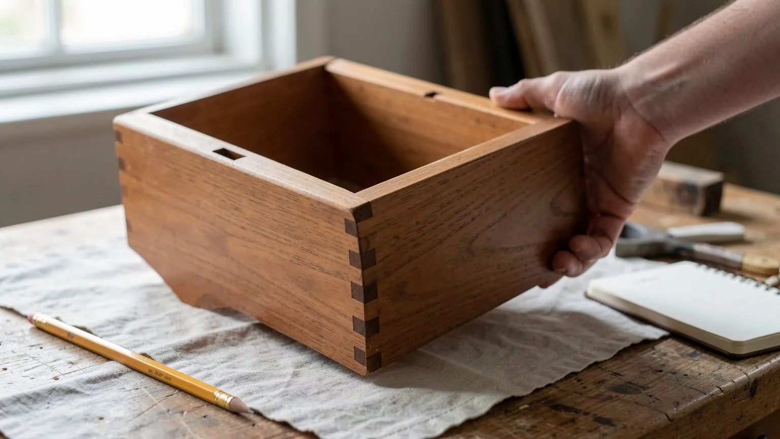 Hands turning a plain wooden drawer on a workbench to examine its dovetail joints