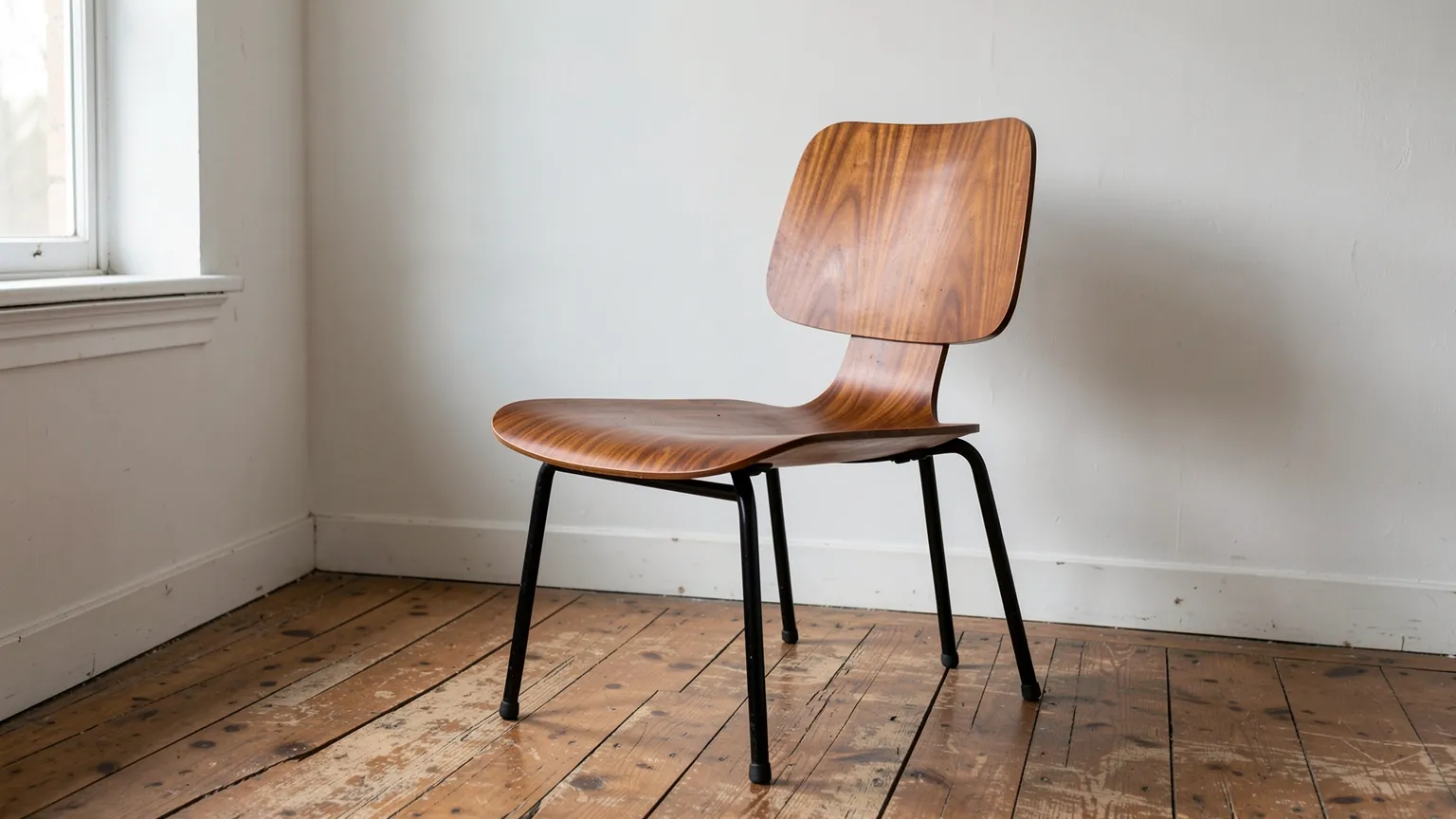 A moulded plywood lounge chair on a steel frame in a quiet, sunlit room