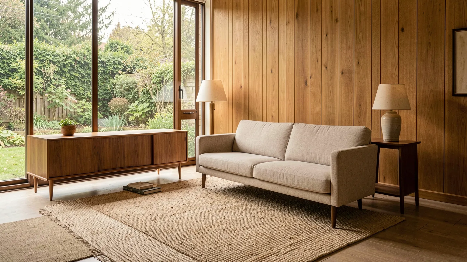 A sunlit 1950s living room with a large garden window, a low wooden sideboard and a sofa on slim legs