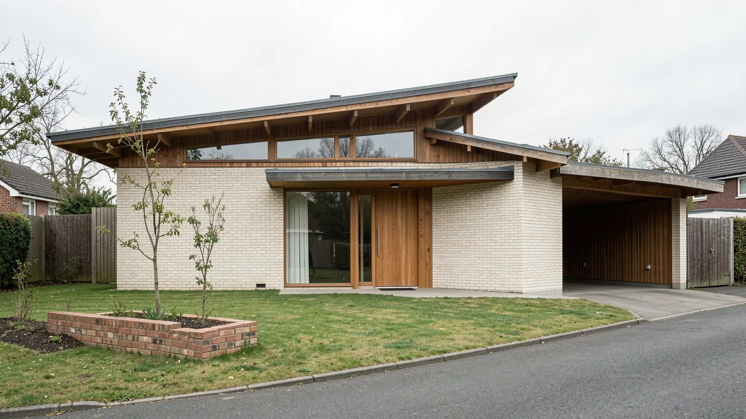 A modest 1960s single-storey house with a shallow roof, deep eaves, high windows and a carport, seen from the street