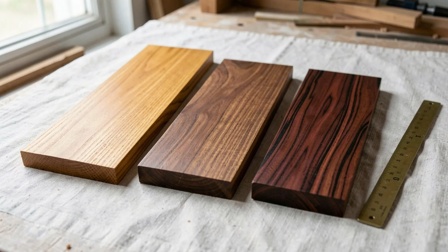 Three oiled timber offcuts in golden, mid-brown and dark streaked tones laid side by side on a workbench